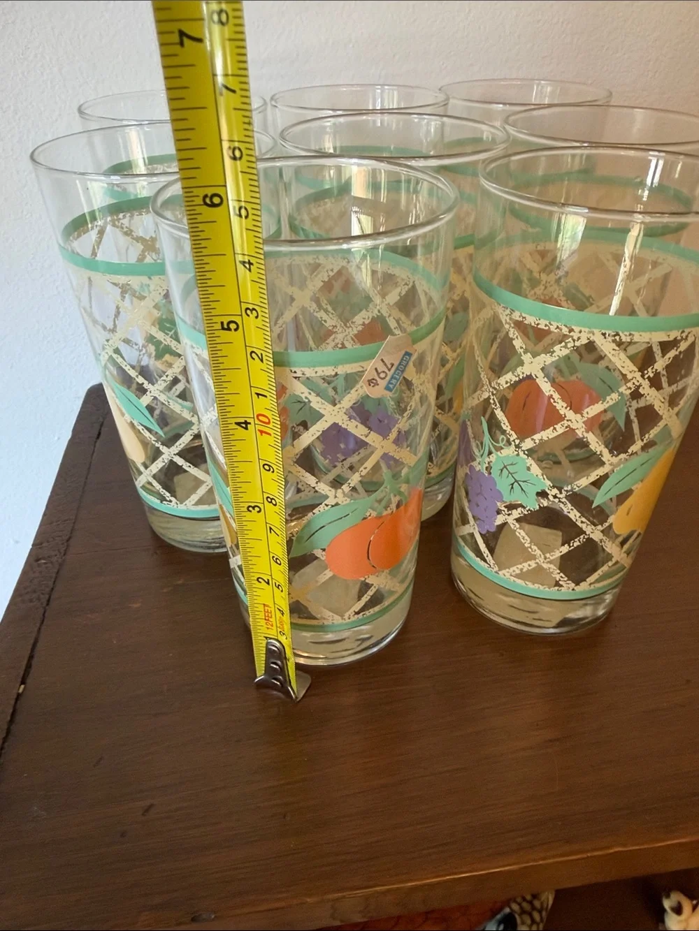 Libbey Vintage Fruit-Patterned Tall Drinking Glasses - Teal & Yellow (Set of 8)